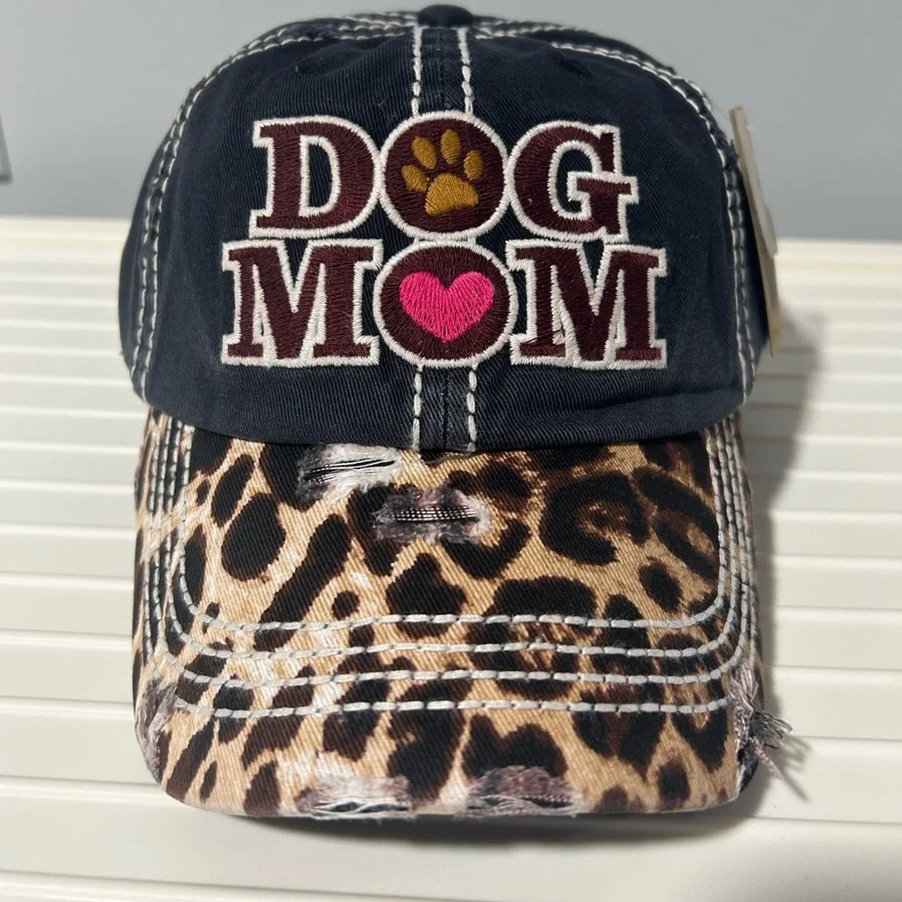 Title: Dog Mom Distressed Leopard Print Baseball Cap OSFM - NEW!! - Picture 2 of 3